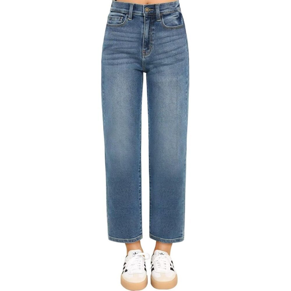 Women's Cropped Straight Leg High Wrested Jeans 7/8 Length Blue